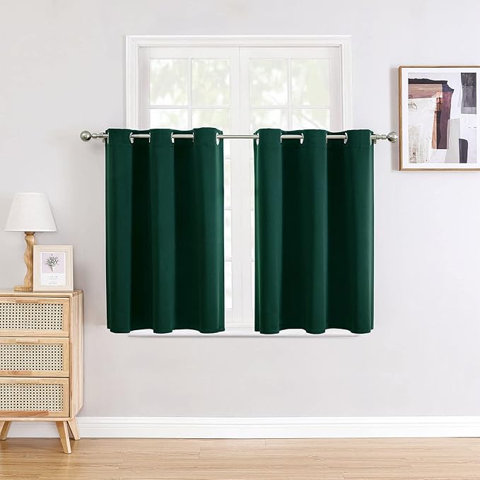 ChrisDowa Small Window Curtains for Kitchen and Bedroom - Grommet Short Thermal Insulated Room Darkening Curtains (2 Panels, Forest Green, 42 x 36 Inch)