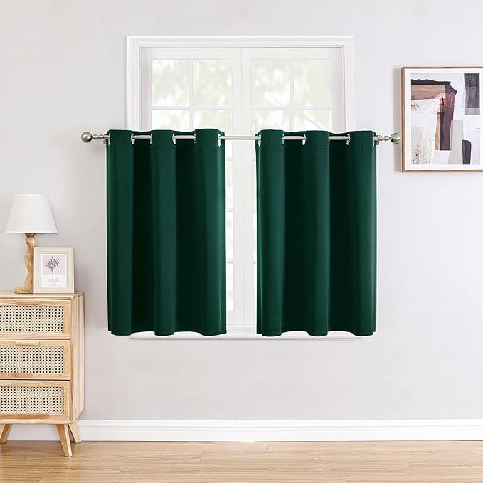 ChrisDowa Small Window Curtains for Kitchen and Bedroom - Grommet Short Thermal Insulated Room Darkening Curtains (2 Panels, Forest Green, 34 x 36 Inch)