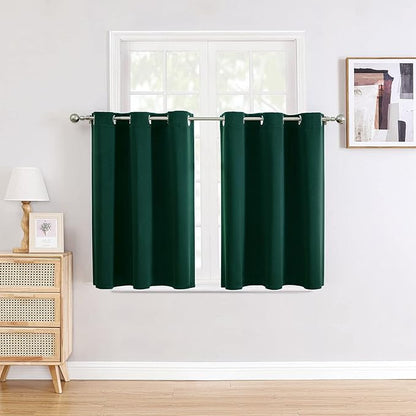 ChrisDowa Small Window Curtains for Kitchen and Bedroom - Grommet Short Thermal Insulated Room Darkening Curtains (2 Panels, Forest Green, 34 x 36 Inch)