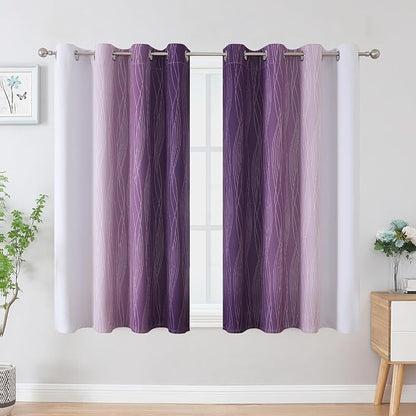 Estelar Textiler Purple and Greyish White Blackout Curtains 45 Inch Length, Light Blocking Gradient Drapes for Kitchen, Thermal Insulated Grommet Ombre Curtains for Bathroom,52Wx45L,2 Panels