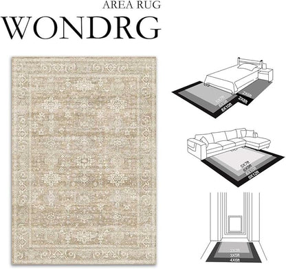 5x7 Washable Area Rug for Living Room Bedroom Vintage Beige Soft Low Pile Carpet Traditional Retro Non Slip Throw Rug for Dining Room Entryway Indoor Dorm Kitchen