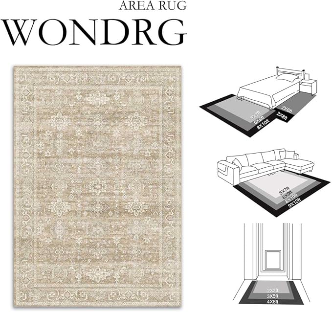 2x6 Washable Runner Rug for Hallway Kitchen Vintage Beige Non Slip Low Pile Carpet Traditional Retro Soft Throw Rug for Bathroom Bedroom Entryway Indoor Entrance
