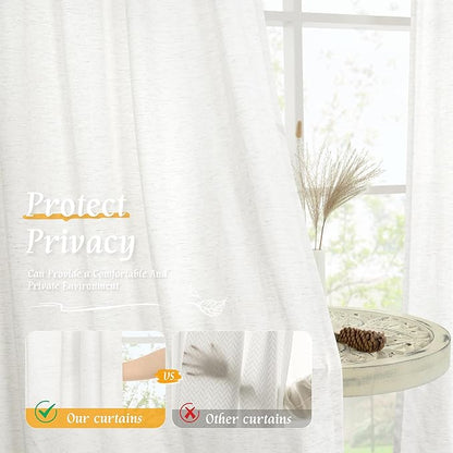 LAMIT Ivory White Linen Curtains 48 Inch Length, Faux Linen Textured Light Filtering Panels Rod Pocket Privacy Neutral Drapes for Kitchen/Window/Bedroom/Living Room, 2 Panels, 42 x 48 Inch