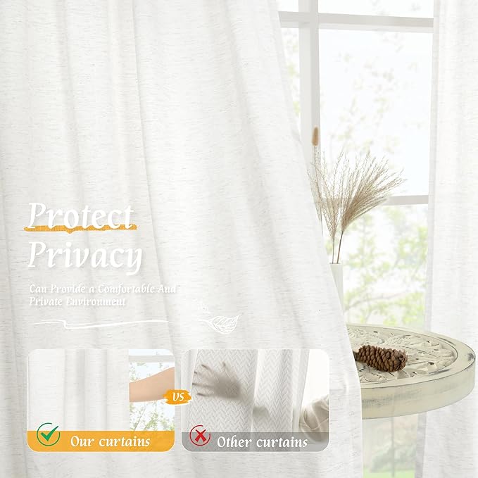 LAMIT Light Filtering 63 inch Length Linen Curtains, Soft Linen Textured Rod Pocket Neutral Boho Drapes Window Treatment Panels for Living Room/Bedroom, 2 Panels Set, 52 x 63 Inch, Ivory White