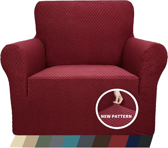 ZNSAYOTX 1 Piece Jacquard Chair Slipcovers for Living Room High Stretch Chair Covers with Arms Anti Slip Pets Friendly Couch Sofa Armchair Cover Furniture Protector (Chair, Wine Red)