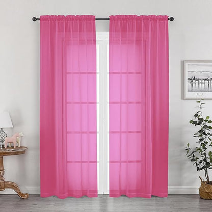 OWENIE Hot Pink Sheer Curtains 84 Inches Long for 2 Panels Set, Solid Light Filtering Voile Sheer Curtains for Living Room Bedroom, Modern Rod Pocket Hot Pink Curtain, 2 Pcs Total 84 Width 84 Long
