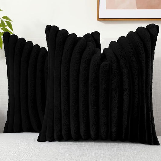 decorUhome Cozy Faux Fur Throw Pillow Covers 22x22 Set of 2 Decorative Soft Plush Striped Modern Farmhouse Boho Couch Euro Sham Pillow Cases with Velvet Back for Sofa Bed Living Room, Black