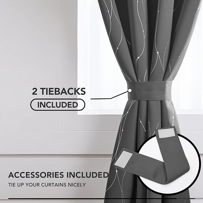 Deconovo Blackout Curtains, Grey Curtains, Thermal Insulated Soundproof Grommet Drapes, Silver Wave Dot Foil Print, 42 x 72 Inch, 2 Panels, Machine Washable Window Panel for Living Room Bedroom Office