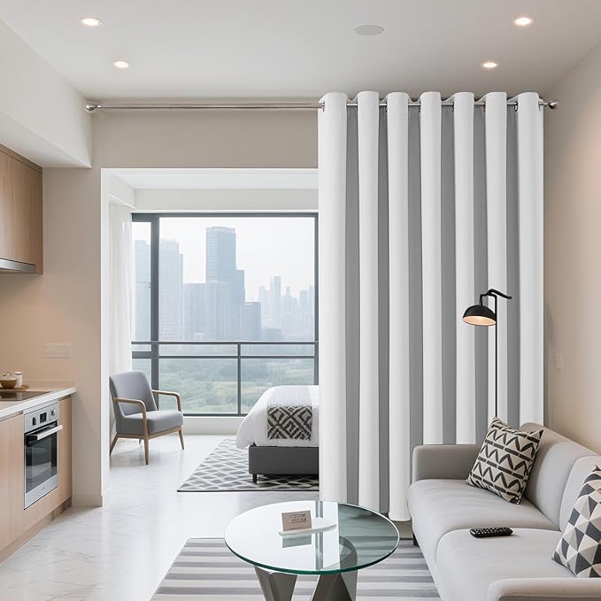 Joydeco Blackout Patio Sliding Door Curtains 90 Inches Long, Grommet Privacy Room Divider Curtains, Extra Wide Thermal Blackout Drapes for Bedroom Living Room (Greyish White, 60Wx90L, 1 Panel)