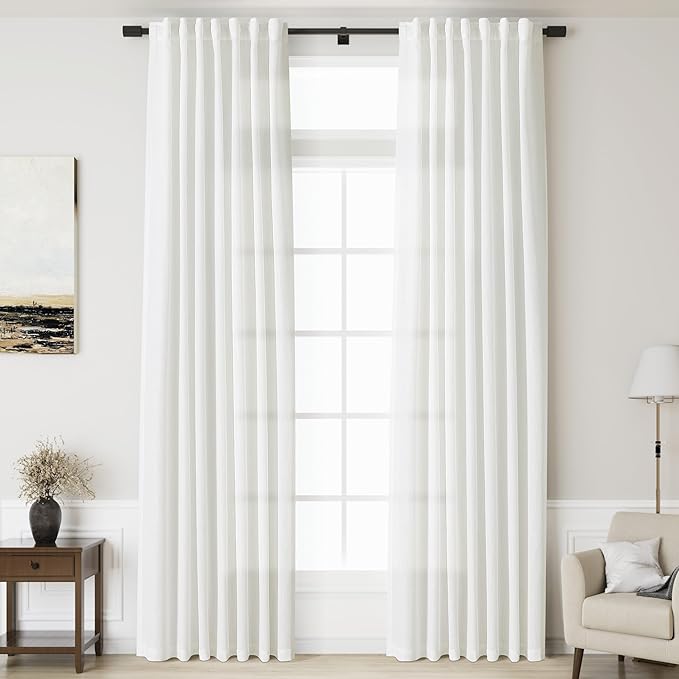 Linen Off White Curtains 135 inch Extra Long for Living Room Back Tab Light Filtering Semi Sheer Drapes Modern Farmhouse Coastal Decor Cotton Textured Curtain for Floor to Ceiling High Window 52x135