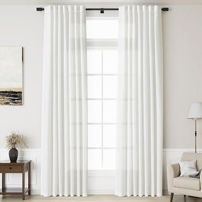 Linen Off White Curtains 132 inch Extra Long for Living Room Back Tab Light Filtering Semi Sheer Drapes Modern Farmhouse Coastal Decor Cotton Textured Curtain for Floor to Ceiling Window 11 FT