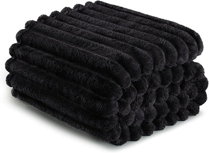 Exclusivo Mezcla Twin Size Flannel Fleece Blanket, Super Soft Striped Jacquard Bed Blanket, Lightweight Fuzzy Cozy for All Seasons, 60x80 Inches, Black