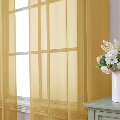 Aiyufeng Gold Sheer Curtain 90 Inches Long 2 Panels Set, Light Filtering Gold Window Curtain Drapes Treatment for Kitchen, Bedroom,Children Room, Dual Rod Pocket, 2 Pack of 42 x 90"
