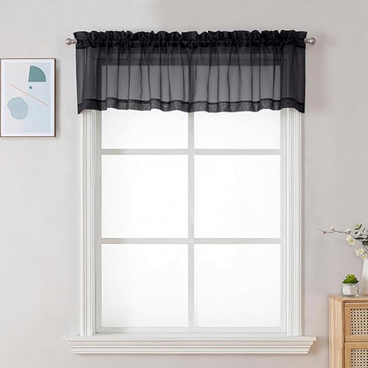 Chyhomenyc Sheer Black Valances for Windows 2 Pack, Small Window Curtains for Living Room Bathroom Cafe Laundry Basement, Modern Top Dual Rod Pocket Voile Curtain, 42W x 18L inches, Black