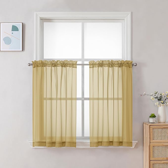 Chyhomenyc Sheer Gold Kitchen Tier Curtains 24 Inch Length Set, Small Window Curtains Treatment for Bathroom/Living Room/Cafe/Basement, Short Voile Curtain Tiers 42in x 24in, Rod Pocket, 2 PCS