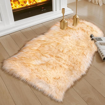 Ciicool Faux Sheepskin Rugs Soft Faux Fur Rug White Gradient Brown Fluffy Chair Couch Cover Fuzzy Carpet for Bedroom Floor Sofa Living Room 2x3 Feet