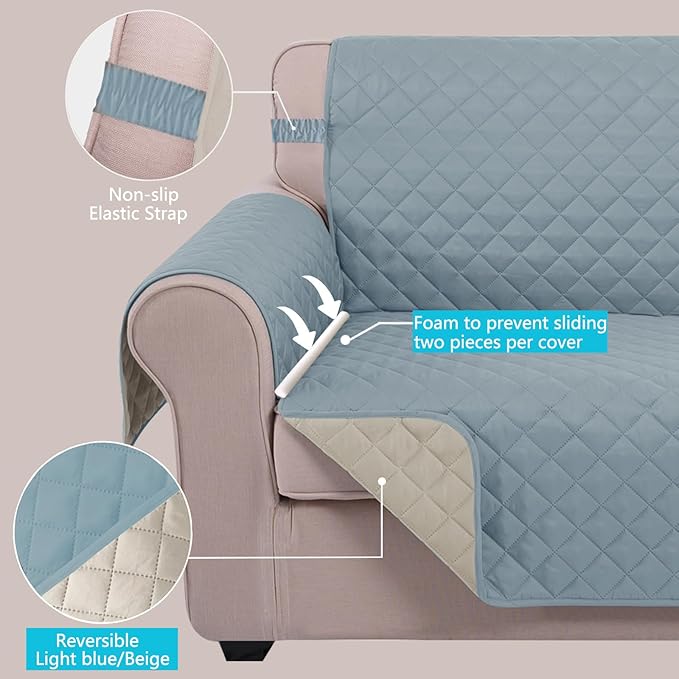U-NICE HOME Recliner Chair Covers Reversible Quilted Water Repellent Pet Protectors with Elastic Straps (23''Recliner Small, Light Blue/Beige)