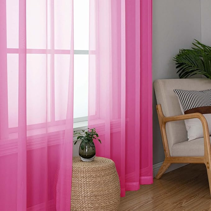 Lecloud Hot Pink Sheer Curtains for Bedroom 84 Inches Long 2 Panels, Light Filtering Voile Rod Pockets Window Curtains for Living Room, Rustic Farmhouse Decor Drapes, Each Panel 42" W x 84" L