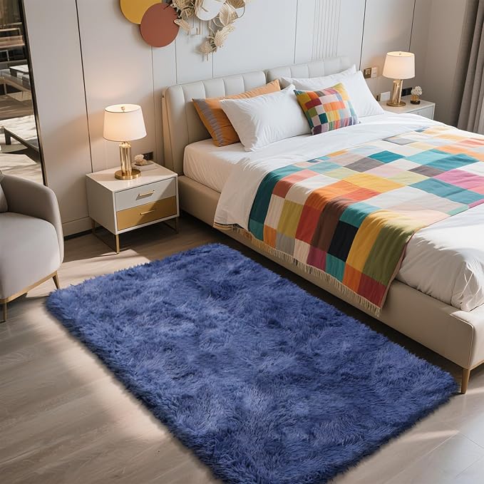 Shag Area Rug for Bedroom 3x5,Blue Fluffy Area Rugs for Living Room,Soft Fuzzy Rug Non-Shedding Indoor Plush Carpet for Kids Bedroom Nursery Dorm Home Decor