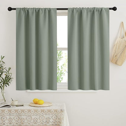 RYB HOME Short Blackout Curtains for Bedroom, Room Darkening Insulated Summer Heat Light UV Blocking Energy Saving Drapes for Nursery, Width 34 by Length 45, Greyish Green, Set of 2