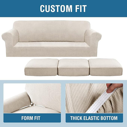 H.VERSAILTEX 4 Piece Stretch Sofa Covers for 3 Cushion Couch Covers for Living Room Furniture Slipcovers (Base Cover Plus 3 Seat Cushion Covers) Upgraded Thicker Jacquard Fabric (Sofa, Island Fossi)