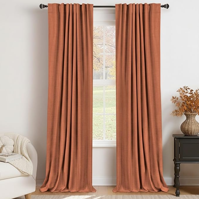100% Blackout Shield Linen Blackout Curtains for Bedroom 108 Inches Long, Back Tab/Rod Pocket Living Room Drapes, Thermal Insulated Blackout Curtains 2 Panels Set, 50" W x 108" L, Burnt Orange