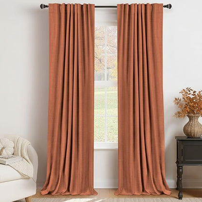 100% Blackout Shield Linen Blackout Curtains for Bedroom 84 Inches Long, Back Tab/Rod Pocket Living Room Drapes, Thermal Insulated Blackout Curtains 2 Panels Set, 50" W x 84" L, Burnt Orange