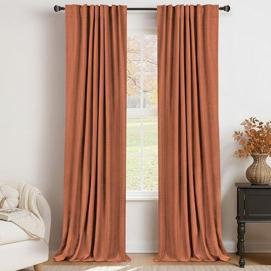 100% Blackout Shield Linen Blackout Curtains for Bedroom 84 Inches Long, Back Tab/Rod Pocket Living Room Drapes, Thermal Insulated Blackout Curtains 2 Panels Set, 50" W x 84" L, Burnt Orange