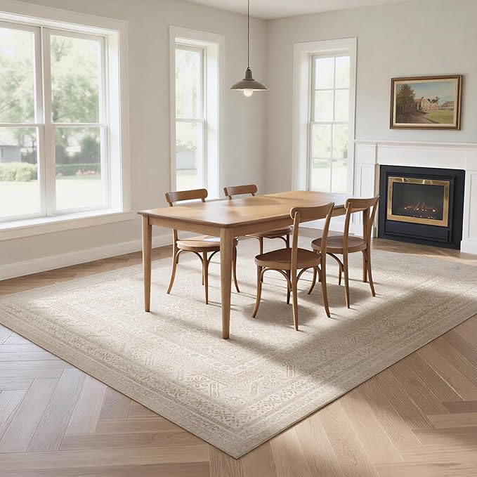 Washable Rugs 8x10 Area Rugs for Living Room- Vintage Brown Rugs for Bedroom,Dining Room, Large Soft Low Pile Carpet with Non Slip Rubber Backing,Neutral Accent Rug for Nursery Home Office