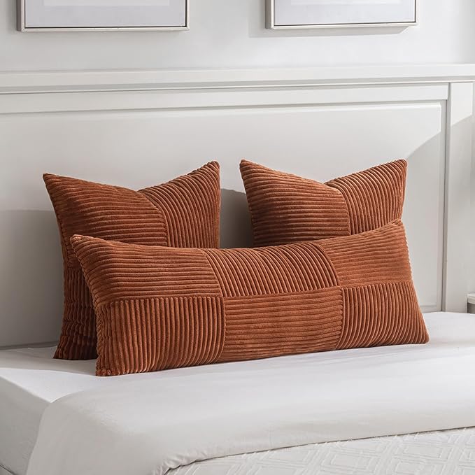 Fancy Homi 2 Packs Rust Big Decorative Throw Pillow Covers 24x24 Inch for Living Room Couch Bed, Rustic Farmhouse Boho Home Decor, Soft Corss Corduroy Patchwork Square Terracotta Cushion Case 60x60 cm