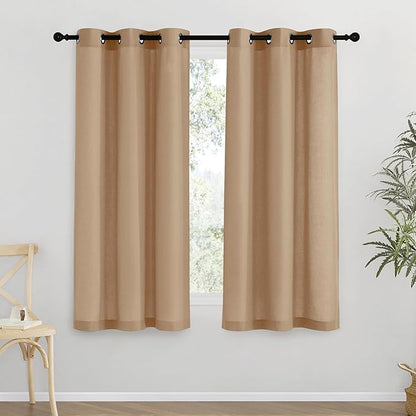 NICETOWN Thick Linen Blend Curtains Flax Textured for Bedroom, Rustic Grommet Semi Sheer Privacy Added Window Curtains & Drapes Light Filtering for Nursery, Camel, W42 x L63, Set of 2