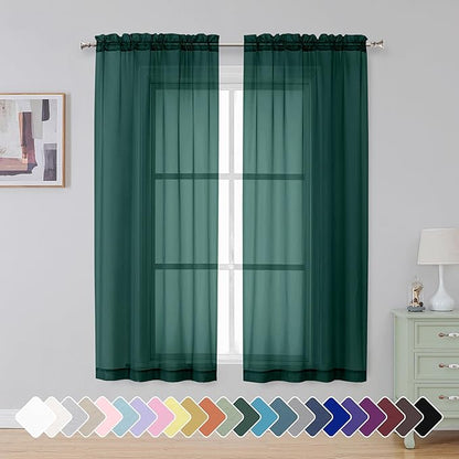 Simplebrand Hunter Green Sheer Curtains 63 Inch Length 2 Panels, Rod Pocket Solid Color Window Sheer Curtain Panels, Elegant Curtains & Drapes for Living Room, Bedroom (Hunter Green, 42" W x 63" L)