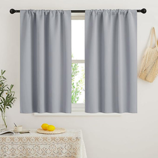 RYB HOME Short Blackout Curtains for Bedroom, Room Darkening Insulated Summer Heat Light UV Blocking Energy Saving Drapes for Nursery, Width 34 by Length 45, Silver Grey, Set of 2