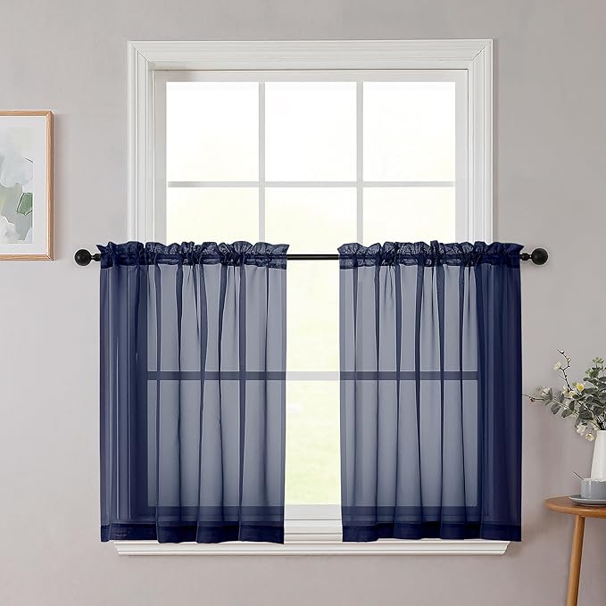 Navy Blue Kitchen Curtains 30 Inch Length Tier 2 PCS, Solid Soft Airy Half Curtains for Windows, Navy Blue Sheer Rod Pocket Drapes for Bathroom Basement Small Window Curtain, 42"Wx30"L Inch