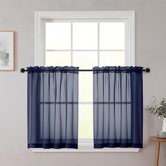 Navy Blue Kitchen Curtains 30 Inch Length Tier 2 PCS, Solid Soft Airy Half Curtains for Windows, Navy Blue Sheer Rod Pocket Drapes for Bathroom Basement Small Window Curtain, 42"Wx30"L Inch