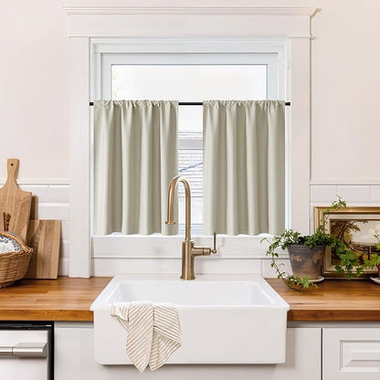 RYB HOME 100% Blackout Bathroom Curtains Over Sink 24 inches Long, Heat & UV Blocking Total Room Darkening Noise Reducing Curtains for Basement RV Campers, Natural, 2 Panels Set