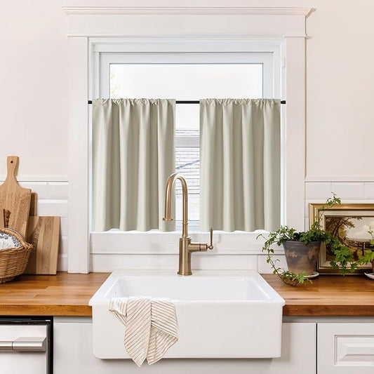 RYB HOME 100% Blackout Bathroom Curtains Over Sink 24 inches Long, Heat & UV Blocking Total Room Darkening Noise Reducing Curtains for Basement RV Campers, Natural, 2 Panels Set