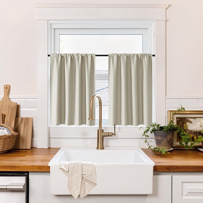 RYB HOME 100% Blackout Bathroom Curtains Over Sink 30 inches Long, Heat & UV Blocking Total Room Darkening Noise Reducing Curtains for Basement RV Campers, Natural, 2 Panels Set