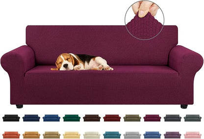 KEKUOU Stretch Sofa Cover Slipcover ，Couch Covers for 3 Cushion Couch Sofa pet Friendly (78"-94") Furniture Protector Sofa with Elastic Bottom for Kids,Dog, Jacquard Small Checked(Large,Wine)