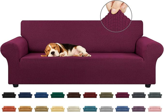 KEKUOU Stretch Sofa Cover Slipcover ，Couch Covers for 3 Cushion Couch Sofa pet Friendly (78"-94") Furniture Protector Sofa with Elastic Bottom for Kids,Dog, Jacquard Small Checked(Large,Wine)