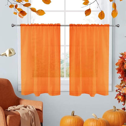 SpaceDresser Basic Rod Pocket Sheer Voile Window Curtain Panels Orange 1 Pair 2 Panels 26 Width 24 Inch Long for Kitchen Bedroom Children Living Room Yard（Orange，26Wx 24L）