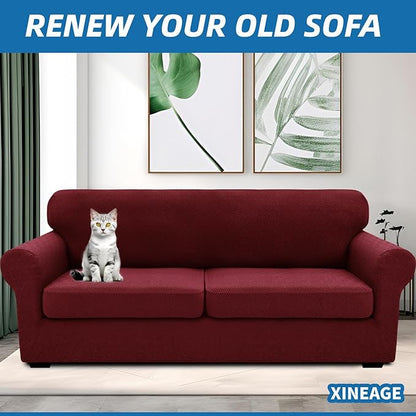 XINEAGE 2026 New 3 Pieces Couch Covers for 2 Extra Large Cushion Sofa Super Stretch Sofa Cover for 2 Large Seat Universal Loveseat Slip Cover for Living Room (Wine Red), 71"-91"(2 Cushions)