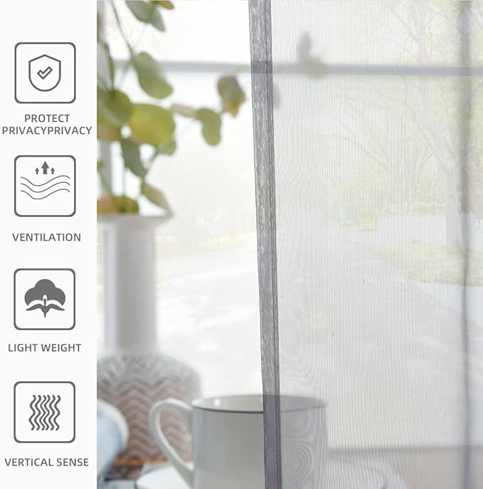 youleyar Solid Sheer Rod Pocket Curtain Voile Draperies 2 Panels White Beige Black Grey Coffee 38 Inch Width 45 Inch Long 1 Pair for Kitchen Bedroom Children Living Room Yard(Grey,38Wｘ45L)
