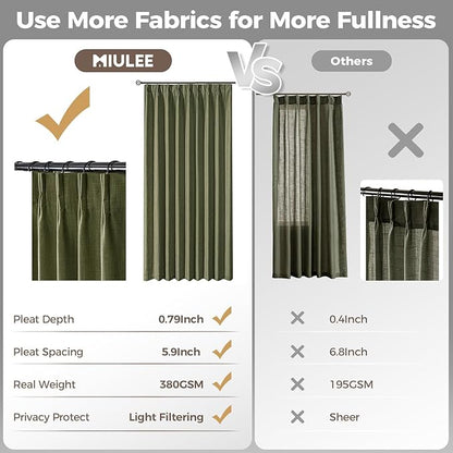 MIULEE Pinch Pleated Thick Linen Curtains 102 Inches Long 2 Panels for Living Room Bedroom, Memory Trained Drapes Pleat Back Tab Light Filtering Boho Sage Green Window Curtains with Hooks