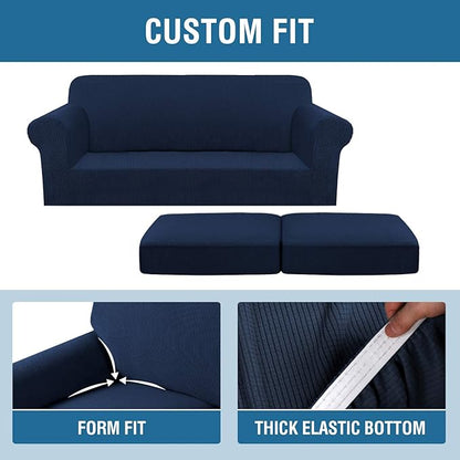 H.VERSAILTEX 3 Piece Stretch Sofa Covers for 2 Cushion Sofa Couch Covers for Living Room Sofa Slipcovers (Base Cover Plus 2 Seat Cushion Covers) Thicker Jacquard Fabric(Large Sofa, Navy)