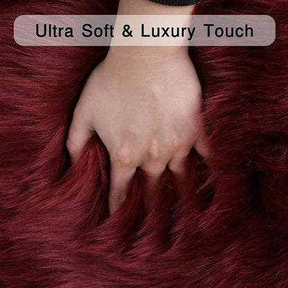 duduta Burgundy Sheepskin Throw Rug 2x3 ft, Fluffy Shag Faux Fur Seat Chair Covers Non Slip Washable