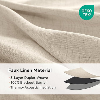 100% Blackout Shield Linen Blackout Curtains for Bedroom, Natural Flax Grommet Curtains for Living Room, Thermal Insulated Room Darkening Drapes for Nursery, Boho Home Decor, 50" W x 84" L, 2 Panels