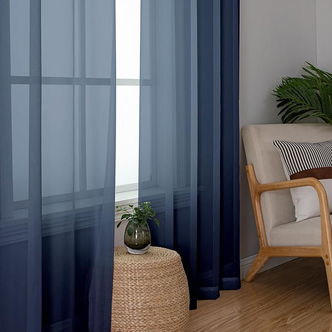 Lecloud Sheer Curtain Panels Set 96" Inches Long, Solid Voile Light Filtering Airy Curtains Window Treatment Drapes for Living Room, 2 Panels Elegant Bedroom Sheer Curtains, Navy Blue, 40" Wx96 L