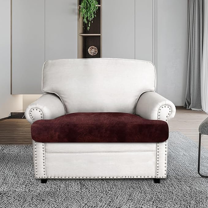 Leather Look Couch Cushion Covers Sofa Seat Slipcovers Sets Couches Furniture Protector for Sectional Armchair Loveseat Pets Kids Stretch Spandex Fabric (1 T-Cushion Armchair, Burgundy)