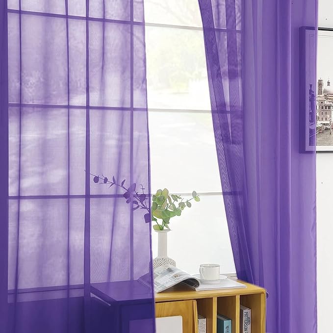 SpaceDresser Sheer Voile Window Treatment Rod Pocket Curtain Panels for Kitchen Bedroom Living Room Drapes Sunlight Filtering Privacy Semi Home Decor Assorted (Purple, 52 W x 72 L)